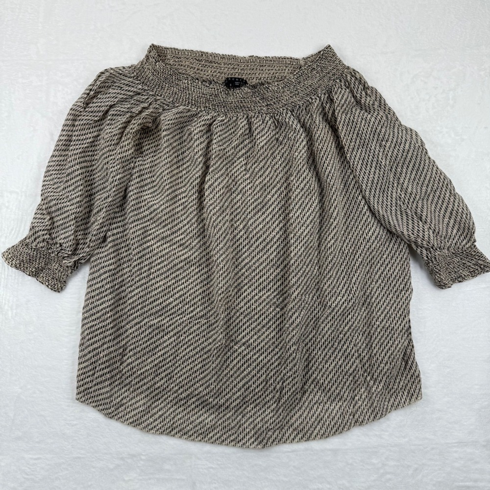 Theory Women Smocked Off Shoulder Silk Bardot Smocked‎ peasant Blouse Top Size S